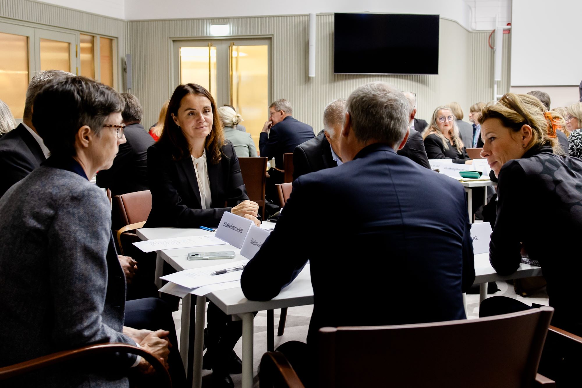A number of persons are sitting around a table discussing.