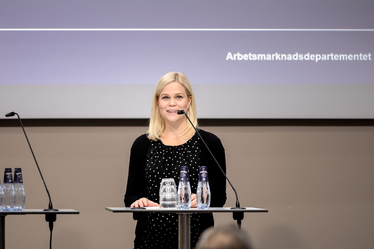 Paulina Brandberg, Minister for Gender Equality and Working Life is holding a speech..