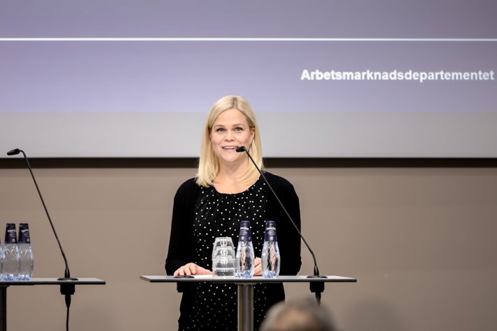Paulina Brandberg, Minister for Gender Equality and Working Life is holding a speech..