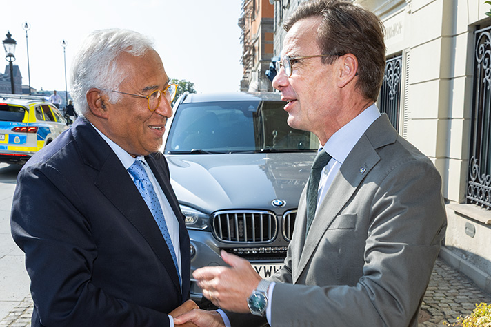 Prime Minister Ulf Kristersson welcoming the President of the European Council António Costa outside Sager House in Stockholm.