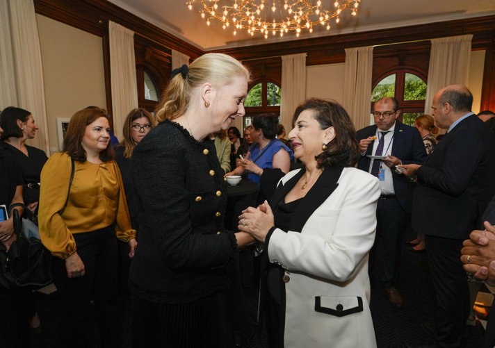 Two women greeting each other. From left: Sweden’s Ambassador to the UN Nicola Clase together with UN Women Executive Director Sima Bahous.
