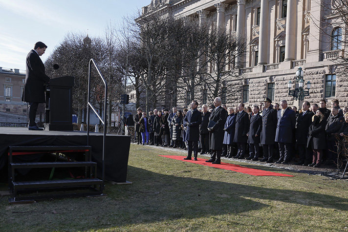 Speaker of the Riksdag Andreas Norlén delivers a speech at the ceremony.