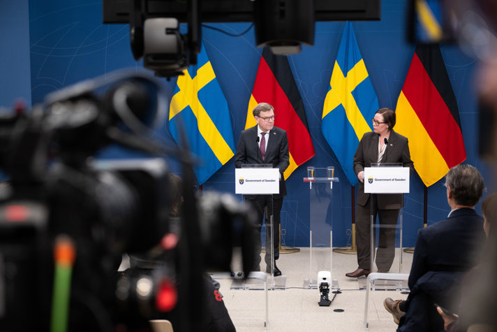 Maria Malmer Stenergard and Johann Wadephul holding press conference..